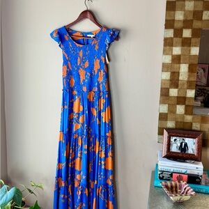 Anthropologie Blue Maxi Dress with Flutter Sleeves and Crew Neck